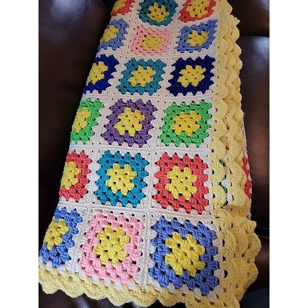Vintage Multicolor Granny Square Afghan Throw Blanket 60